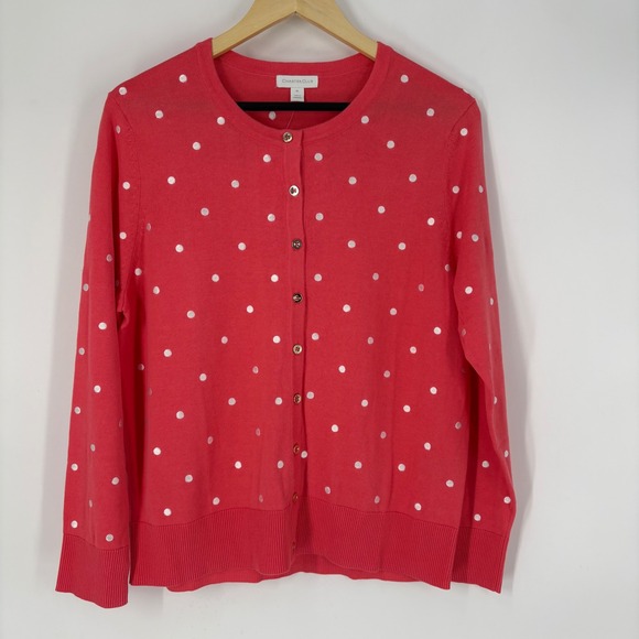 Charter Club Sweaters - Charter Club Womens XL Preppy Coral Polka Dot Cardigan Sweater Fine Gauge New